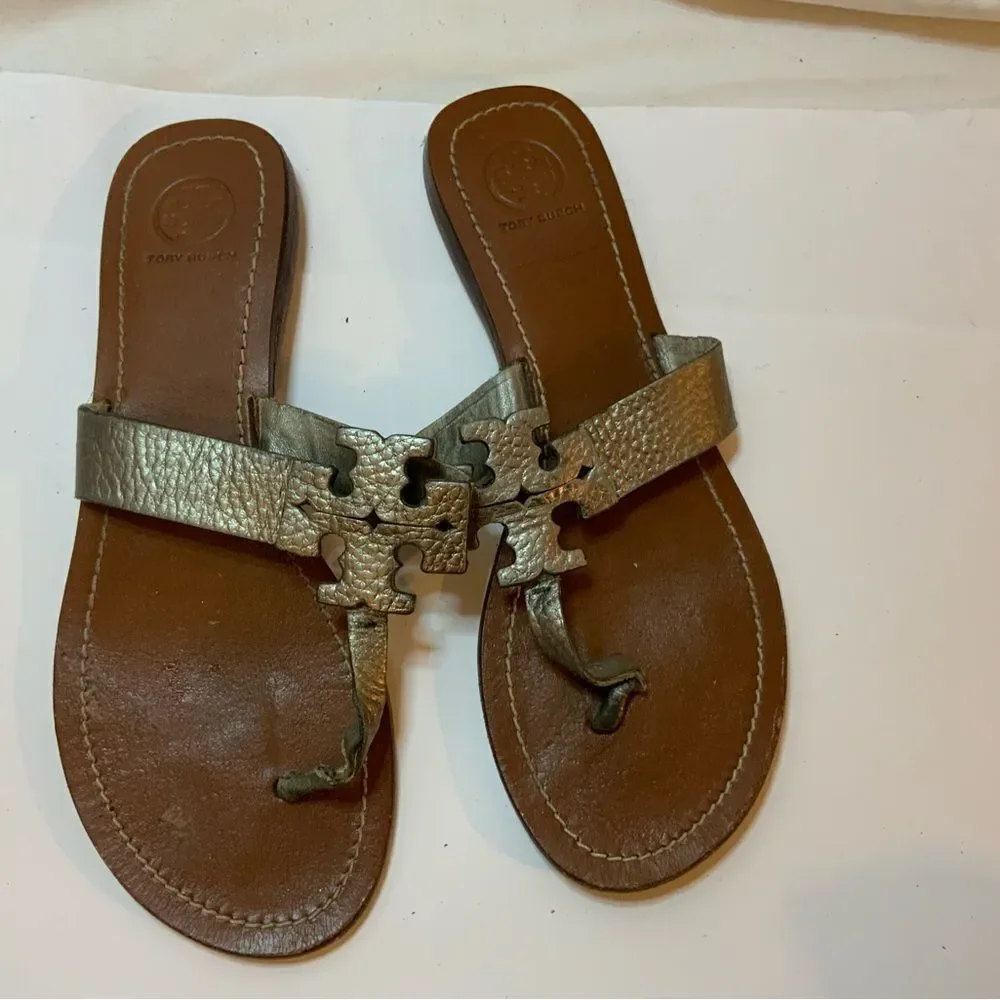 Tory Burch MOORE Women’s Size 9 Metallic Pewter Leather Logo  Flip Flops Thong